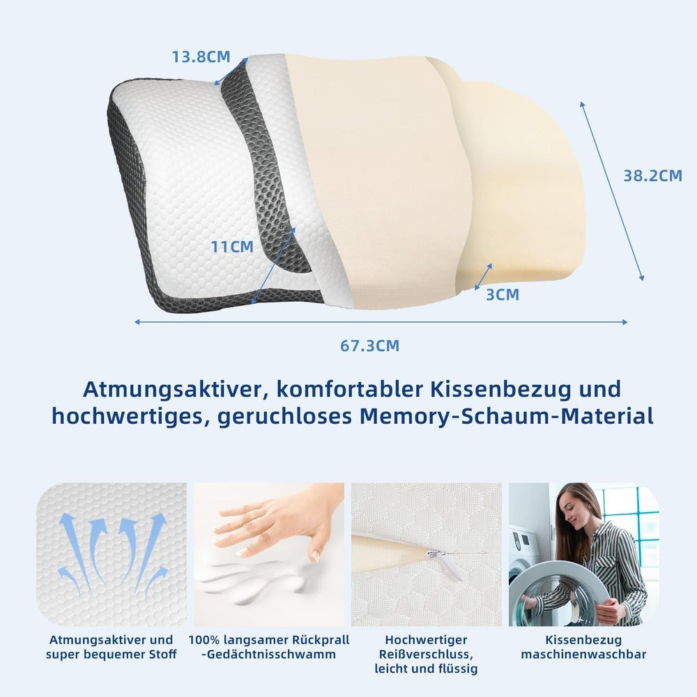 Oreiller orthopédique, oreiller cervical ergonomique, oreiller de tête, oreiller original en mousse à mémoire de forme pour les côtés, le dos et le ventre, oreiller de soutien du cou pour hommes, femmes (67,3 x 38,2 x 13,8/3 cm) Oreillers orthopédiques cervicaux Naty Shop