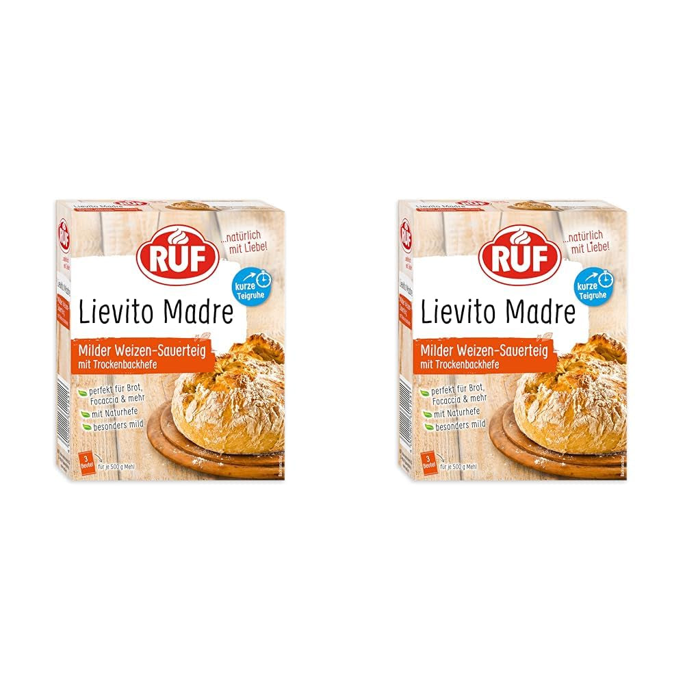 RUF Lievito Madre Sauerteig, Milder Weizen-Sauerteig, Mutterteig, Kurze Teigruhe Durch Enthaltene Trockenhefe, Lievito Madre Getrocknet Für Brot, Baguette, Focaccia, 3X35G Mélange pour la pâtisserie et la cuisson Naty Shop 35 G (6Er Pack) Kurze Teigruhe