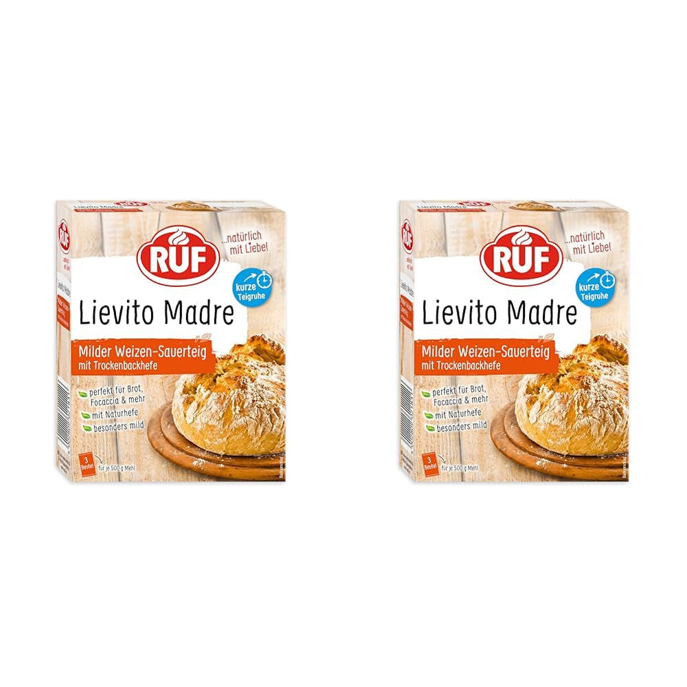RUF Lievito Madre Sauerteig, Milder Weizen-Sauerteig, Mutterteig, Kurze Teigruhe Durch Enthaltene Trockenhefe, Lievito Madre Getrocknet Für Brot, Baguette, Focaccia, 3X35G Mélange pour la pâtisserie et la cuisson Naty Shop 35 G (6Er Pack) Kurze Teigruhe