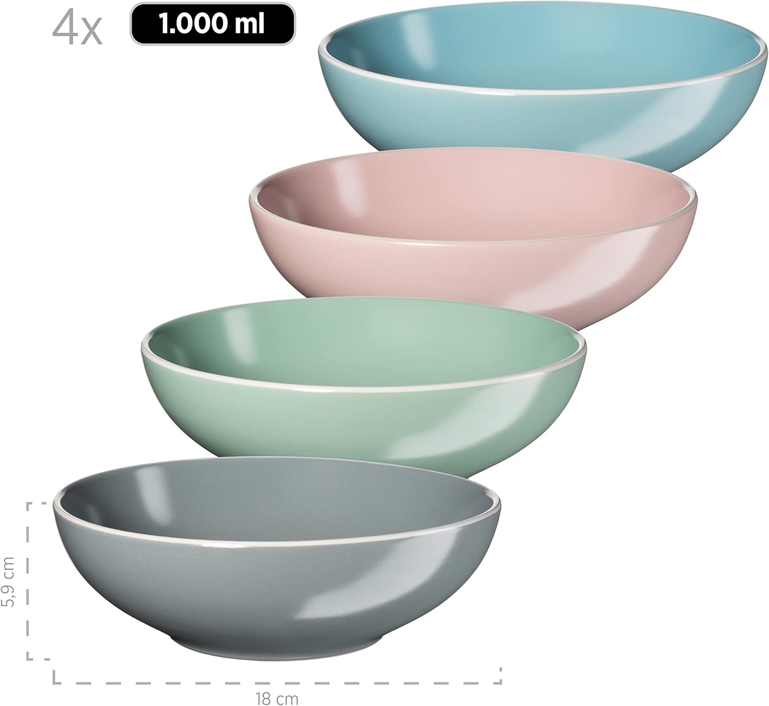 MÄSER 934006 Série Elissa, service de table moderne pour 4 personnes, glaçages colorés mats avec bord blanc, ensemble combiné de 16 pièces, grès, multicolore, gris, turquoise, rose, vert