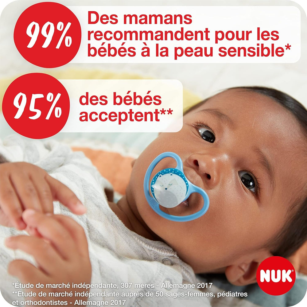 Sucettes NUK Space Night | 6-18 mois | Sucettes avec fentes d'aération extra larges, qui brillent dans le noir | Silicone sans BPA | Renard et coccinelle | Paquet de 2