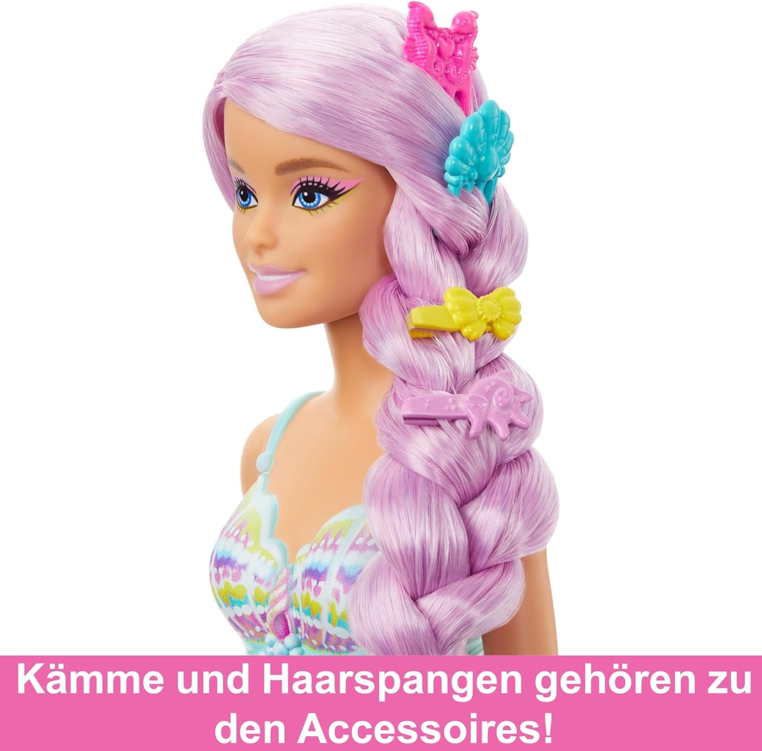 Poupée Barbie Sirène - avec de longs cheveux roses et des accessoires de coiffure individuels, dont une brosse, une jolie pointe festonnée et une nageoire caudale rose, à partir de 3 ans, HRR00