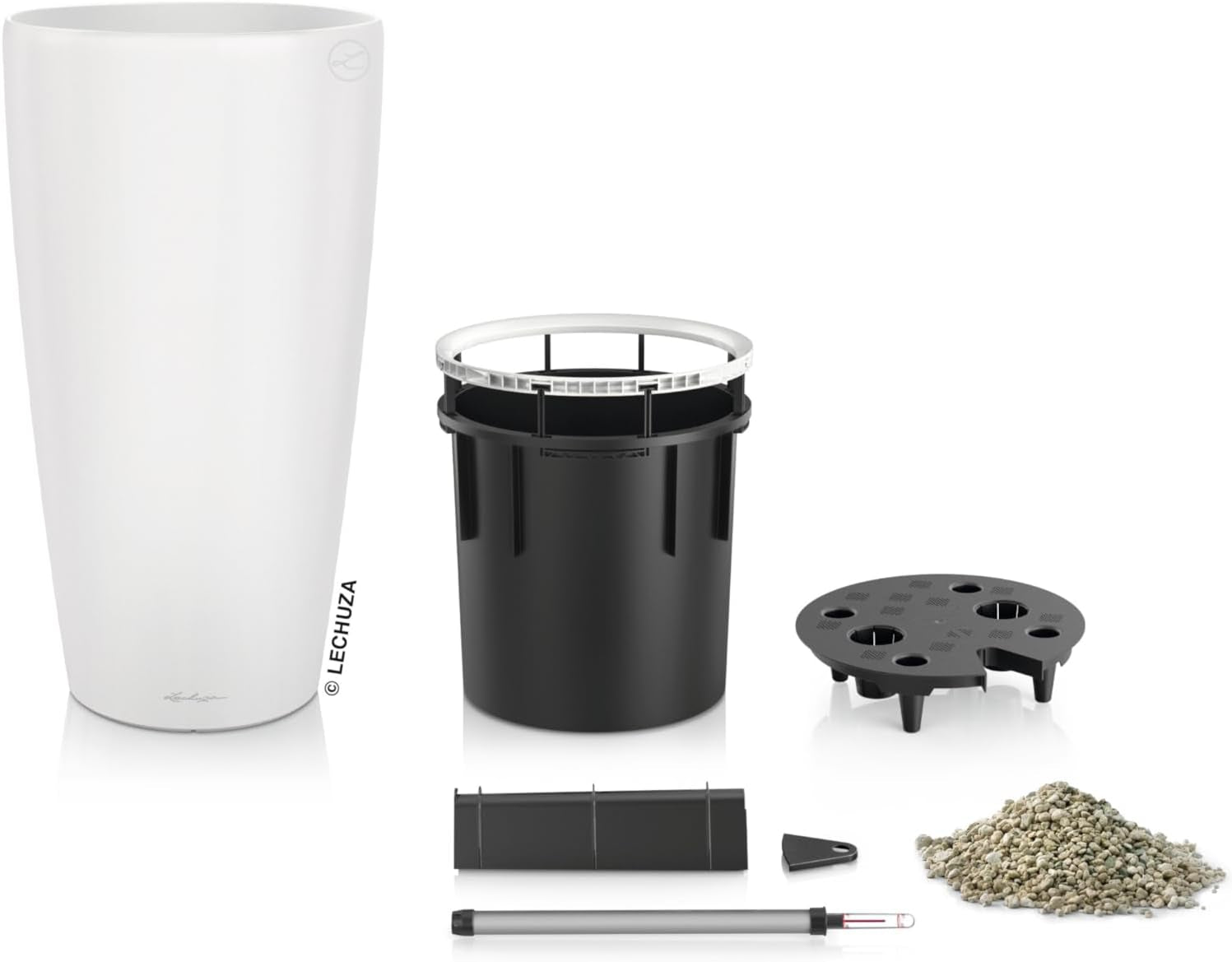 Jardinieră LECHUZA Rondo Premium 32 Alb Mat | Coloană pentru plante cu sistem de udare, indicator al nivelului apei și insert pentru plante | Finisaj mat | Ø 32,5 x 56,5 cm | 15786