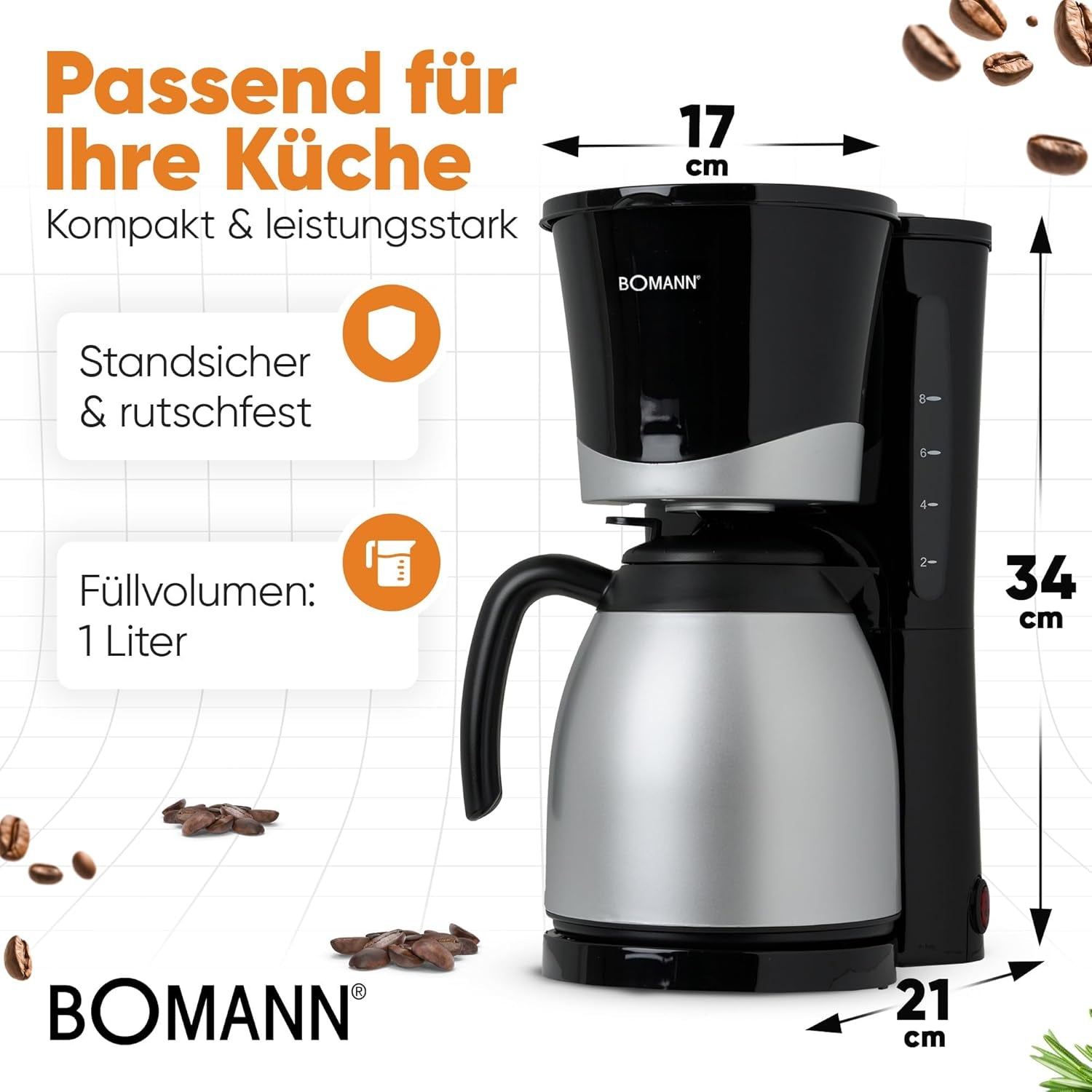 Cafetière Bomann® avec thermos | pour 8 à 10 tasses de café | sans perte de température | cafetière avec filtre | 1 litre | Expresso | Cafetière filtre avec thermos | KA168 noir