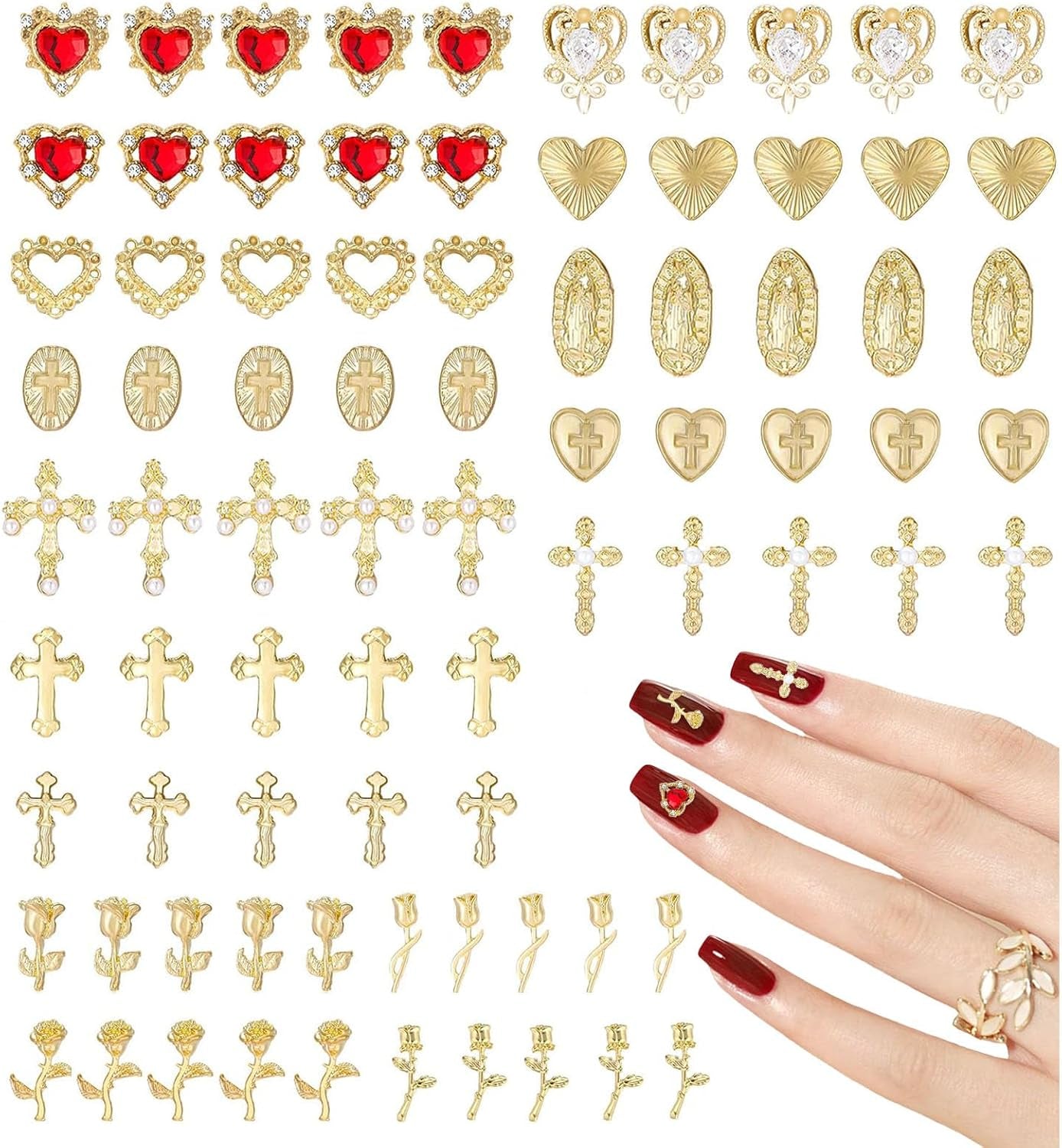 Talisane aurii pentru unghii, 80 de piese cu cruce, trandafir, inimă, pietre prețioase pentru unghii Fecioara Maria, accesorii pentru unghii din aliaj metalic pentru decorațiuni de design pentru manichiură, meșteșuguri DIY