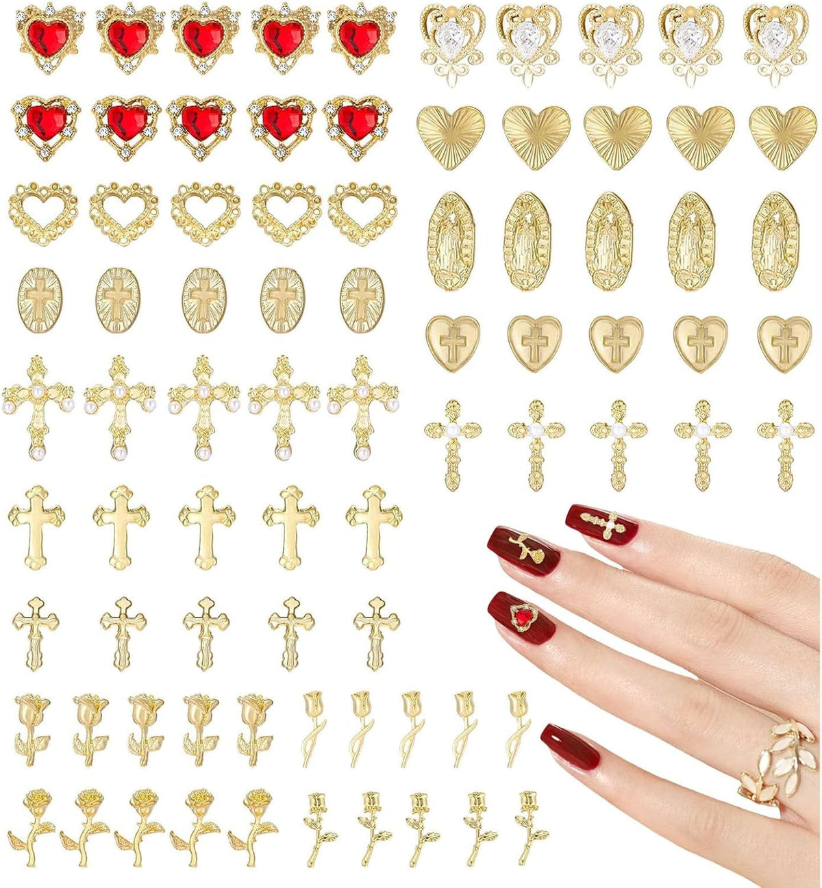 Talisane aurii pentru unghii, 80 de piese cu cruce, trandafir, inimă, pietre prețioase pentru unghii Fecioara Maria, accesorii pentru unghii din aliaj metalic pentru decorațiuni de design pentru manichiură, meșteșuguri DIY
