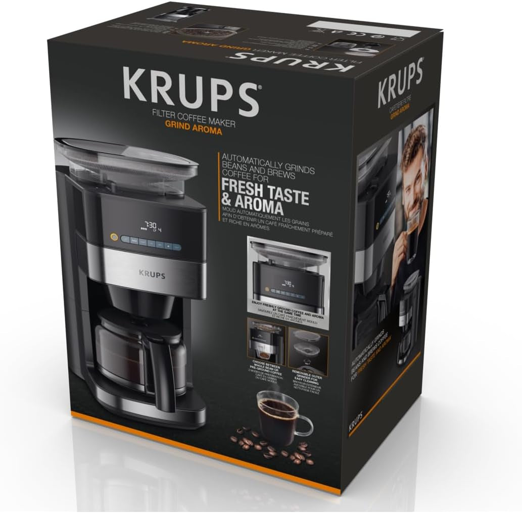 Machine à expresso Krups KM8328 Grind avec broyeur | Minuterie 24 heures | Contenant à céréales 180 g | Capacité 1,25 l pour jusqu'à 15 tasses de café | Fonction de mise hors tension automatique | 3 réglages de mouture | Noir