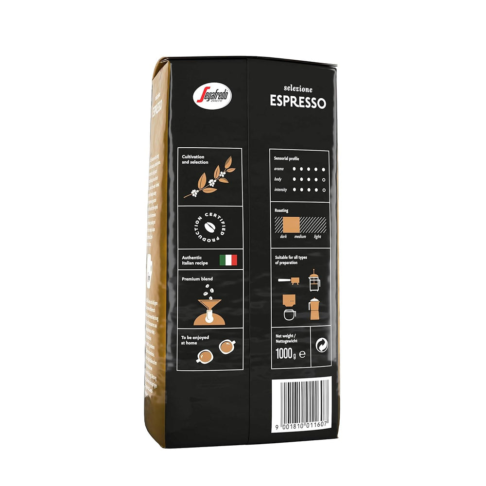 Segafredo Zanetti Selezione Espresso - Grains entiers (paquet de 1 kg) - Convient à toutes les spécialités de café italiennes - Torréfaction moyenne à foncée, saveur forte et intense