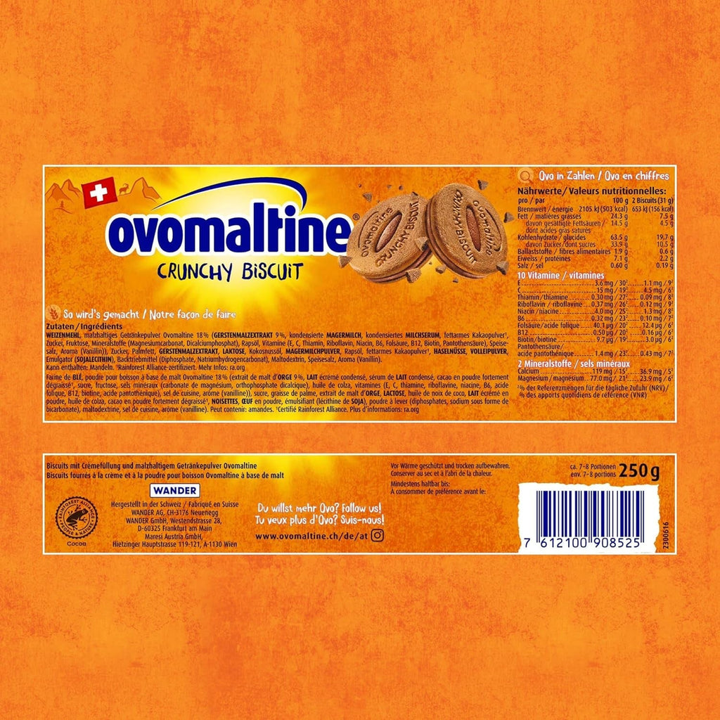 Biscuiți crocanți Ovomaltine cu ciocolată - Biscuiți crocanți cu cremă Ovomaltine, preparați din cea mai fină pudră de cacao, sustenabil (1 x 250g)