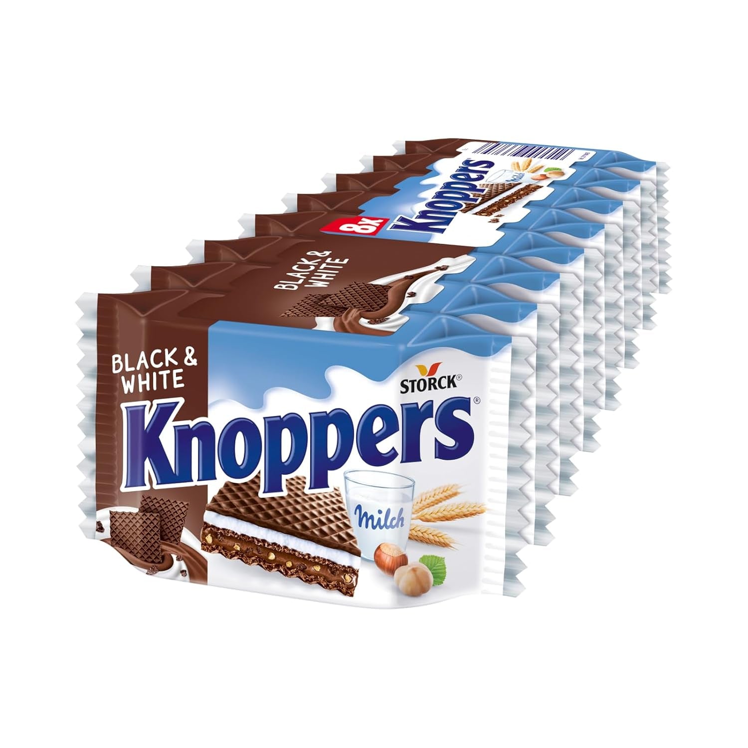 Knoppers Blancs et Noirs – 8 x 25g – Tranches de gaufrettes fourrées de gaufrettes au cacao noir, morceaux de biscuits noirs, lait et crème de nougat
