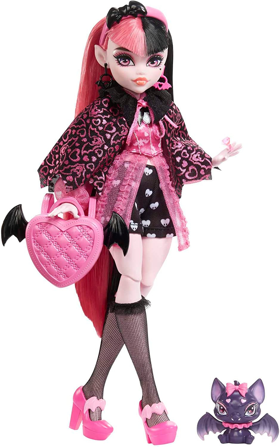 Poupée Monster High Draculaura avec son animal de compagnie Count Fabulous, un chat chauve-souris et des accessoires comme un sac à dos, un livre de sorts, une boîte à bento et plus encore, HRP64 Naty Shop Dolls Vamp-tastic fashion