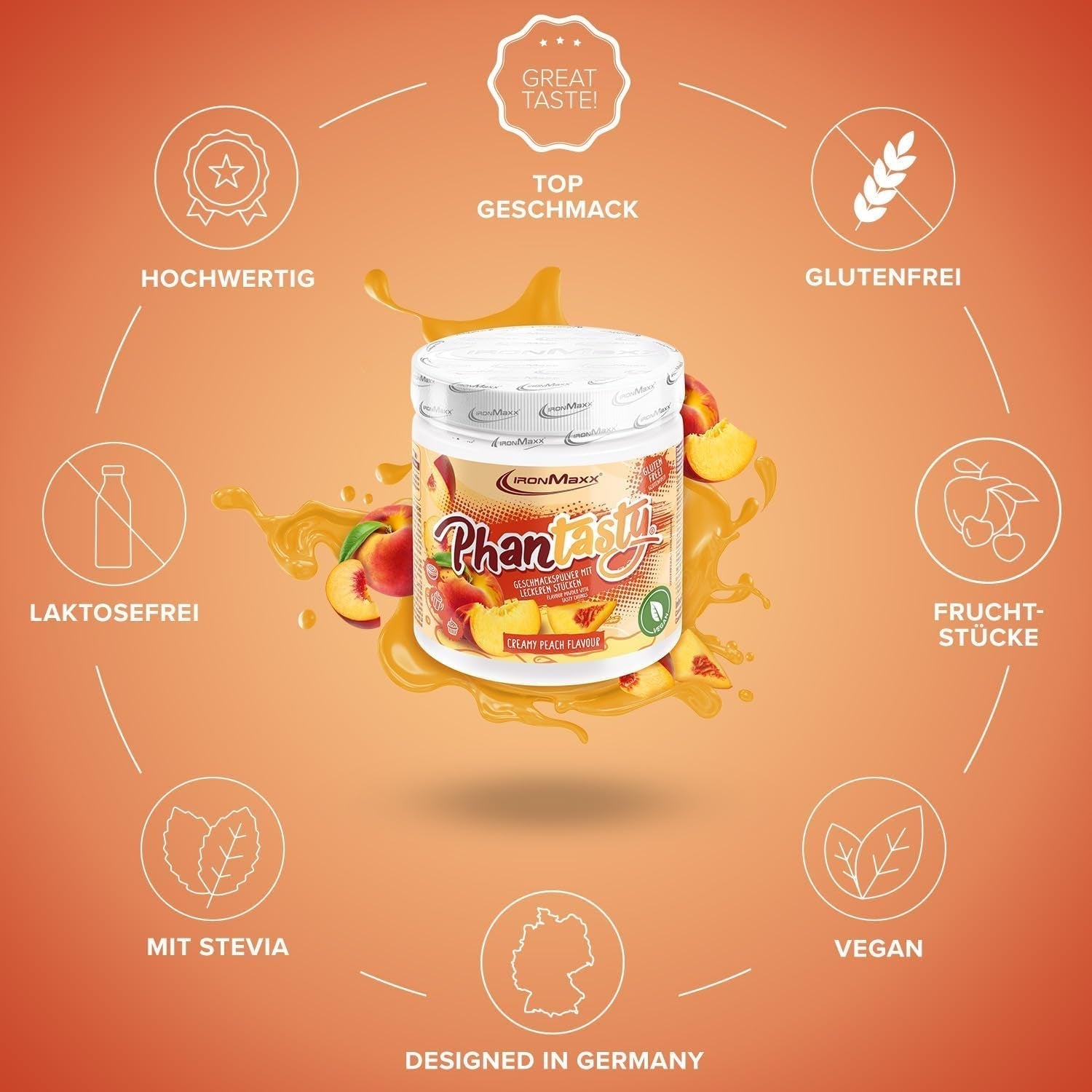 Ironmaxx Phantasty - Pêche crémeuse Dose de 250G | Vegan Geschmackspulver Mit Echten Frucht-Oder Nussstückchen | Perfekter Zuckerersatz Édulcorants Naty Shop