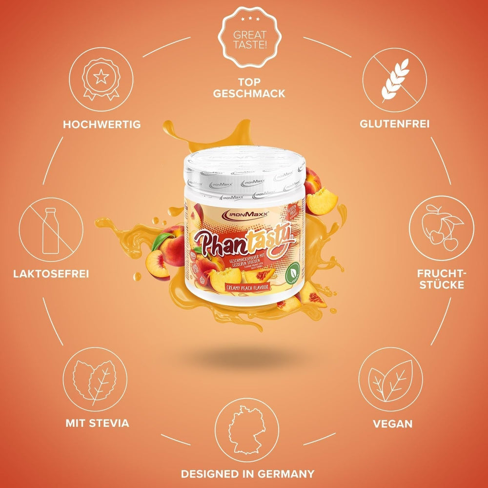 Ironmaxx Phantasty - Pêche crémeuse Dose de 250G | Vegan Geschmackspulver Mit Echten Frucht-Oder Nussstückchen | Perfekter Zuckerersatz Édulcorants Naty Shop