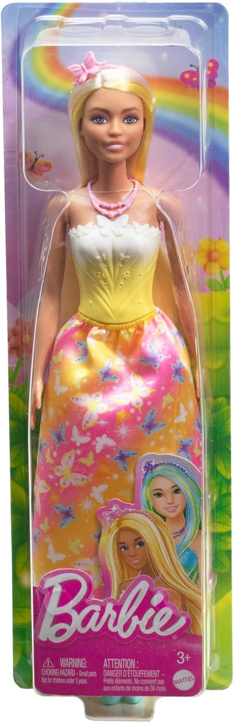 Poupée Barbie Royale avec cheveux fantaisie avec mèches colorées, accessoires colorés, haut jaune dégradé et jupe papillon, HRR09 Naty Shop Dolls