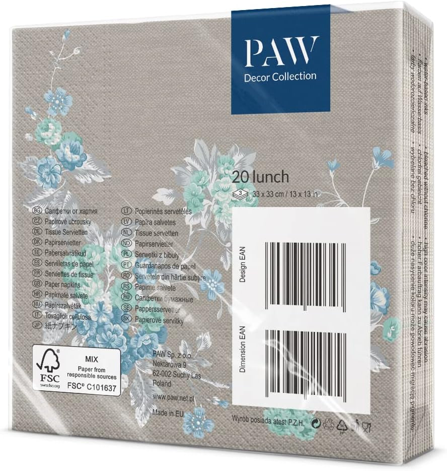 PAW - Serviettes 3 Plis (33 X 33 Cm) I 20 Pièces I Parfaites pour les Anniversaires, Fêtes, Mariages, Communions et Fêtes I Serviettes en Papier Colorées - Fleurs Élégantes I Couleur : Jardin Paisible