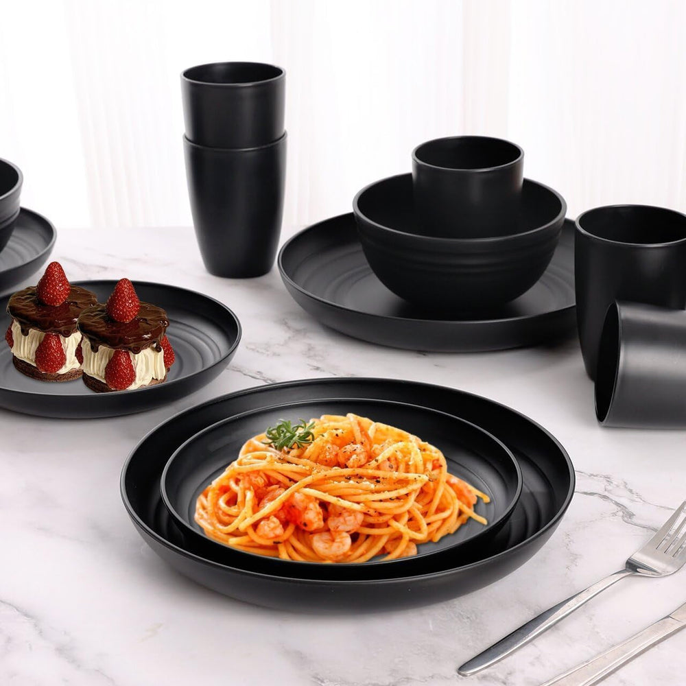 Set de veselă pentru camping, 32 de piese, pentru 8 persoane, set de veselă din plastic ușor și reutilizabil, inclusiv boluri, farfurii, căni, veselă din plastic ecologic, incasabilă, pentru picnicuri