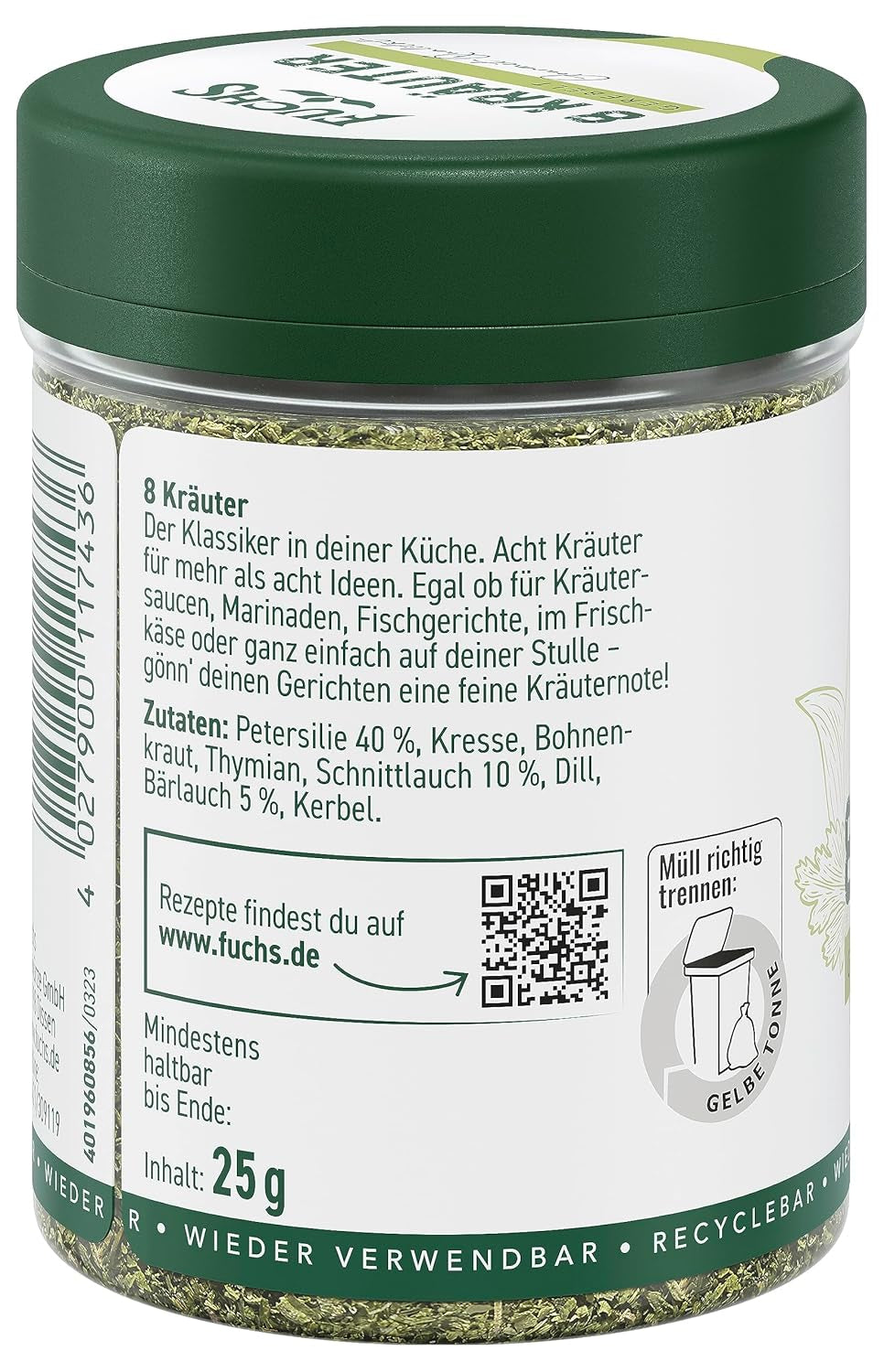 Fuchs Gewürze - 8 Kräuter gerebelt - Kräutermischung für Marinaden, Fischgerichte oder Kräuter-Frischkäse - ingrédients naturels - 25 g en dose variable, recyclable