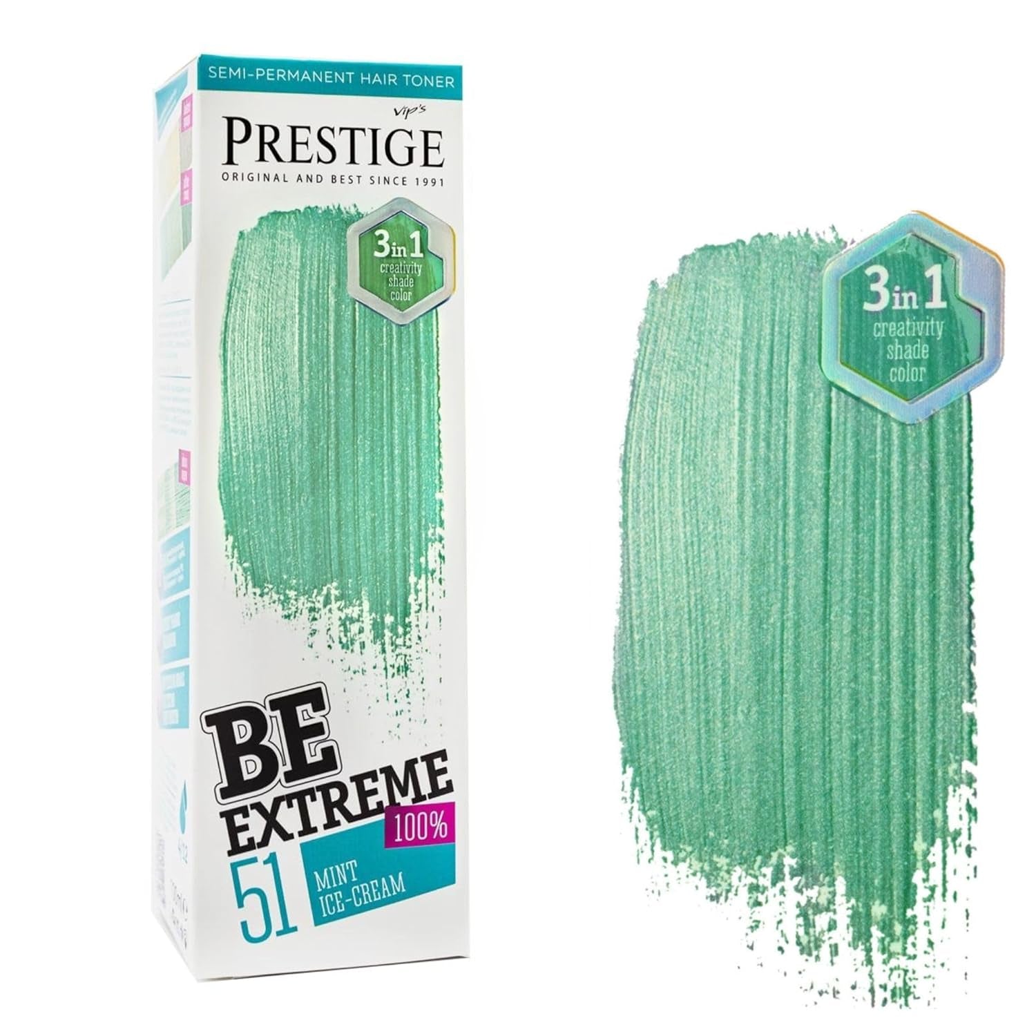 Vip's Prestige Be Extreme | Tonic semipermanent pentru păr 50 Wild Green | Pigment pur | Adaugă culoare părului vopsit sau cărunt | Rezultat temporar | Fără amoniac, fără parabeni, fără PPD Vopsea pentru par Naty Shop 51 Înghețată cu mentă