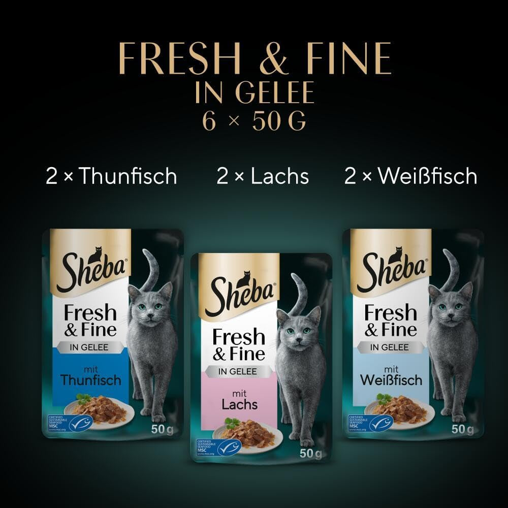 Sheba Portion Pouches Nourriture humide pour chats, Multipack Fresh & Fine en gelée avec thon et saumon MSC, 6x6x50g - Repas sains pour chats avec gelée