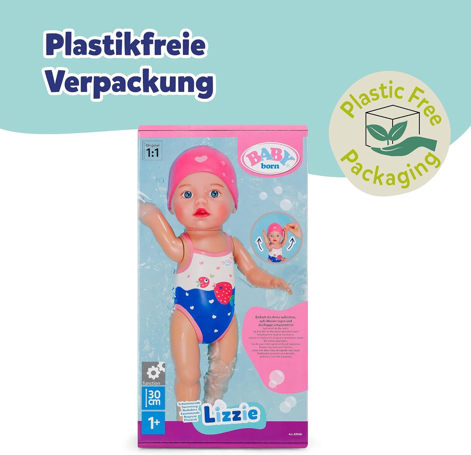 BABY Born Schwimmende Lizzie 30cm, Aufzieh-Badepuppe, wasserfest, funktioniert ohne Batterien, für Kinder ab 1 Jahr