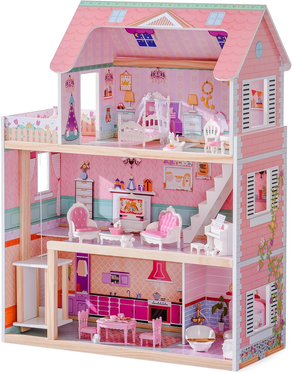 ROBUD Maison de poupée en bois pour enfants, cadeau de jouet de maison de poupée pour filles et garçons de 3, 4, 5, 6 ans
