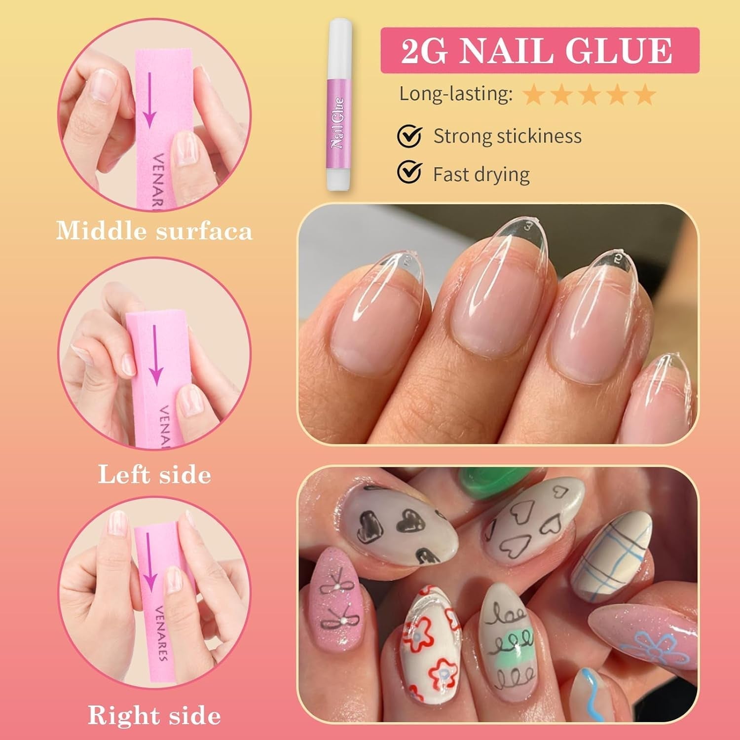 Faux ongles pour ongles en gel, ensemble de 120 pièces d'ongles artificiels courts de couleur amande, 11 tailles d'ongles en gel, pointes d'ongles en colle, bloc tampon à ongles