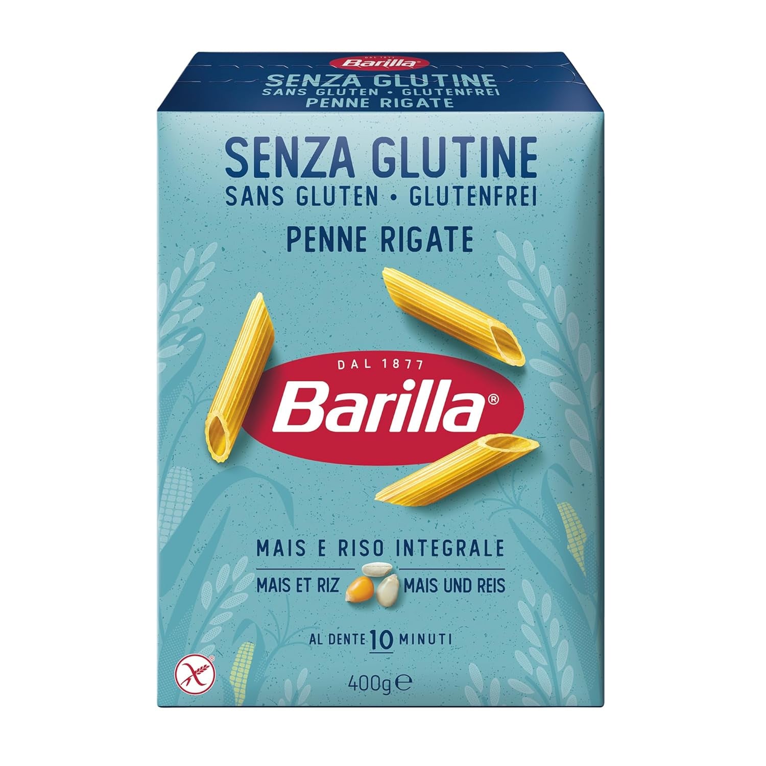 Pâtes Penne Rigate Barilla sans gluten, à base de riz et de maïs – 1 paquet (1 x 400g)