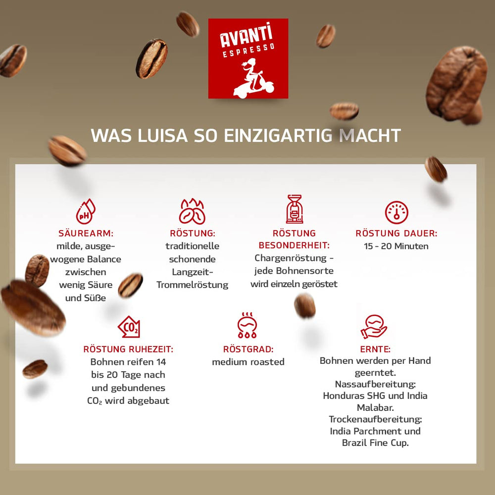 Crème en grains de café Avanti Luisa 1000g, mélange 90% Arabica-10% Robusta, arôme délicat et fruité, torréfaction traditionnelle au tambour