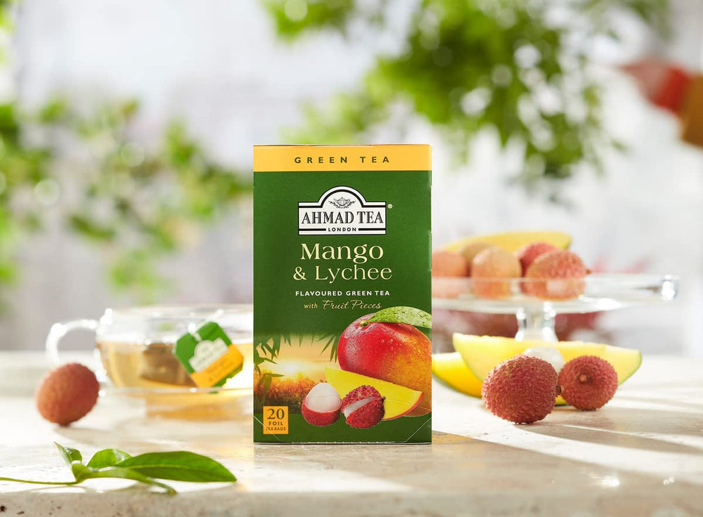 Ahmad Tea - Mango &amp; Lychee - Ceai verde cu mango și litchi - Cu bucăți de fructe - Plicuri de ceai ambalate individual, cu aromă sigilată, cu 2 g de ceai per porție - 20 de pliculețe de ceai cu bandă (pachet cu 2)