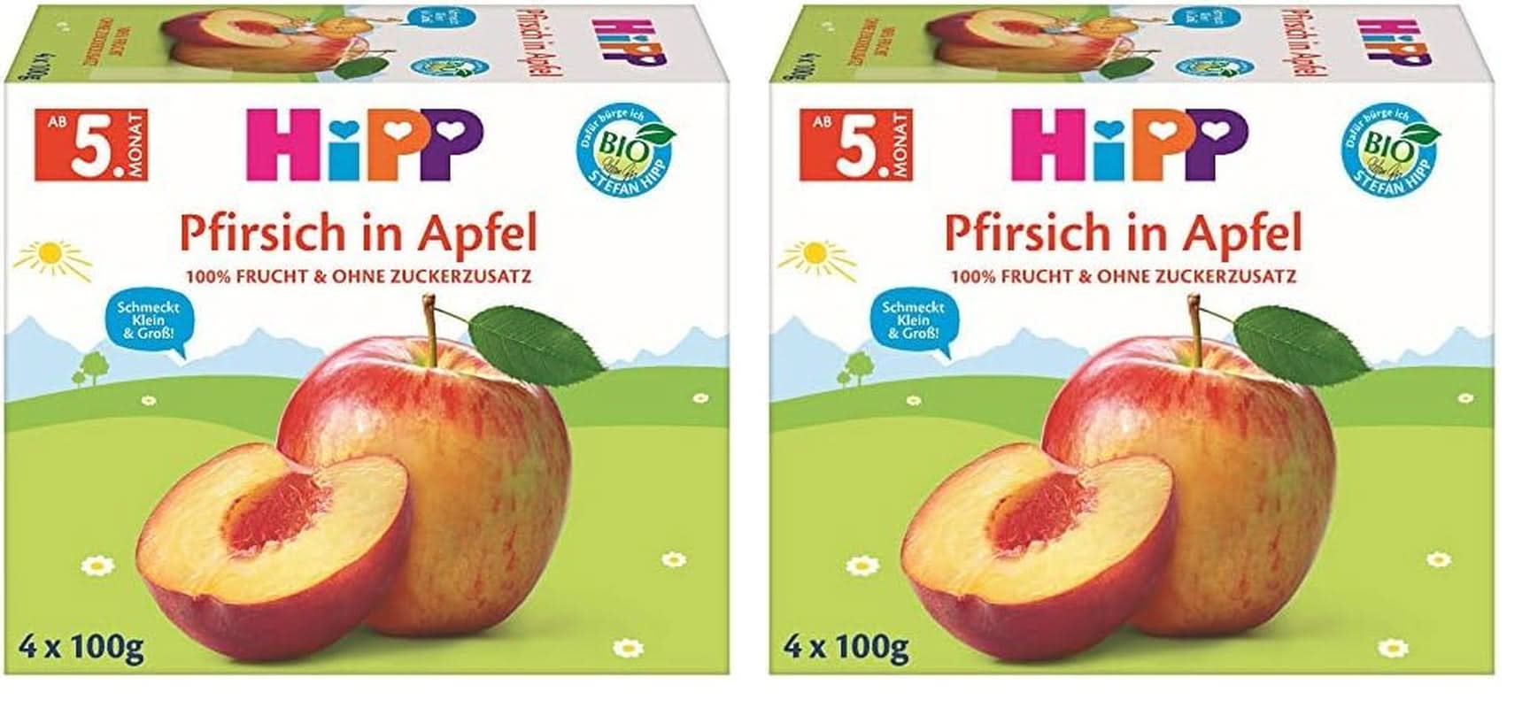 Hipp Fruits biologiques, Bananes en compote de pommes, paquet de 6 (6 x 400 g) Mère et Enfant Naty Shop 2 x 99,2 grammes Pêches, pommes