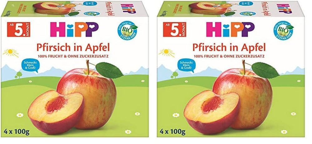 Hipp Fruits biologiques, Bananes en compote de pommes, paquet de 6 (6 x 400 g) Mère et Enfant Naty Shop 2 x 99,2 grammes Pêches, pommes
