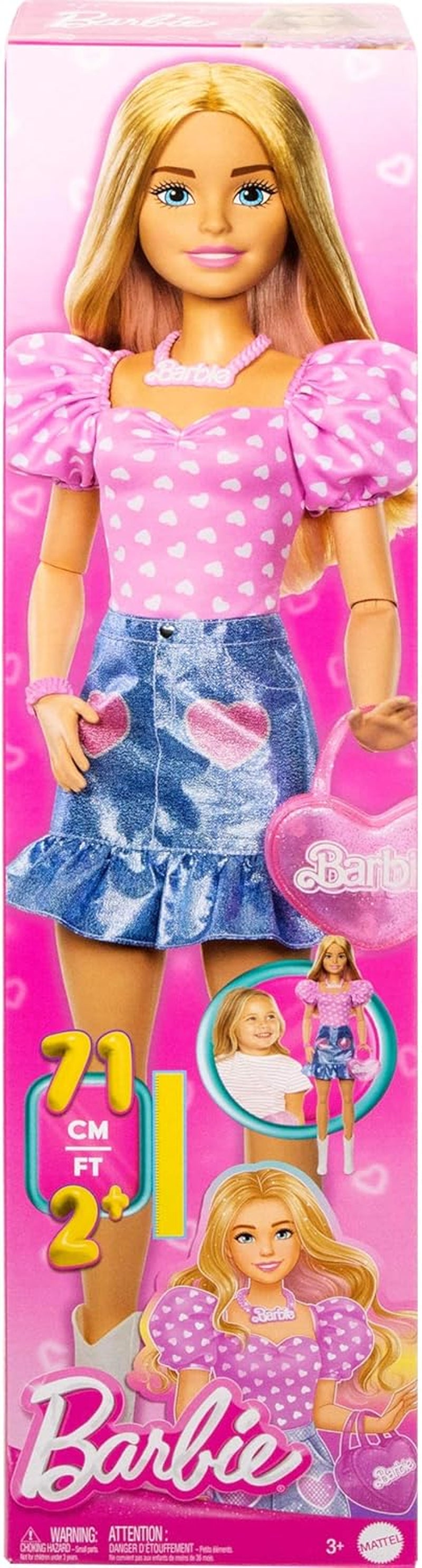 Poupée Barbie à la mode 71 cm blonde avec vêtements détachables haut rose jupe en jean bottes de cowboy collier et sac à main HYT84