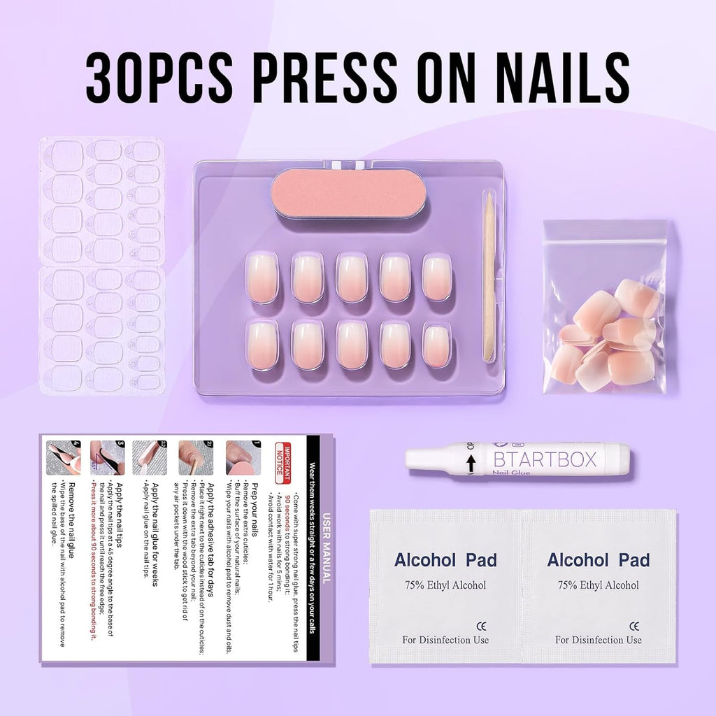 Btartbox Unghii False Scurte și Pătrate, Model Baby Boomer, pentru Lipire, Unghii False Albe, Roz Gradient, Unghii Artificiale Scurte cu Lipici de Unghii, 30 Bucăți Unghii False Artificiale Pătrate