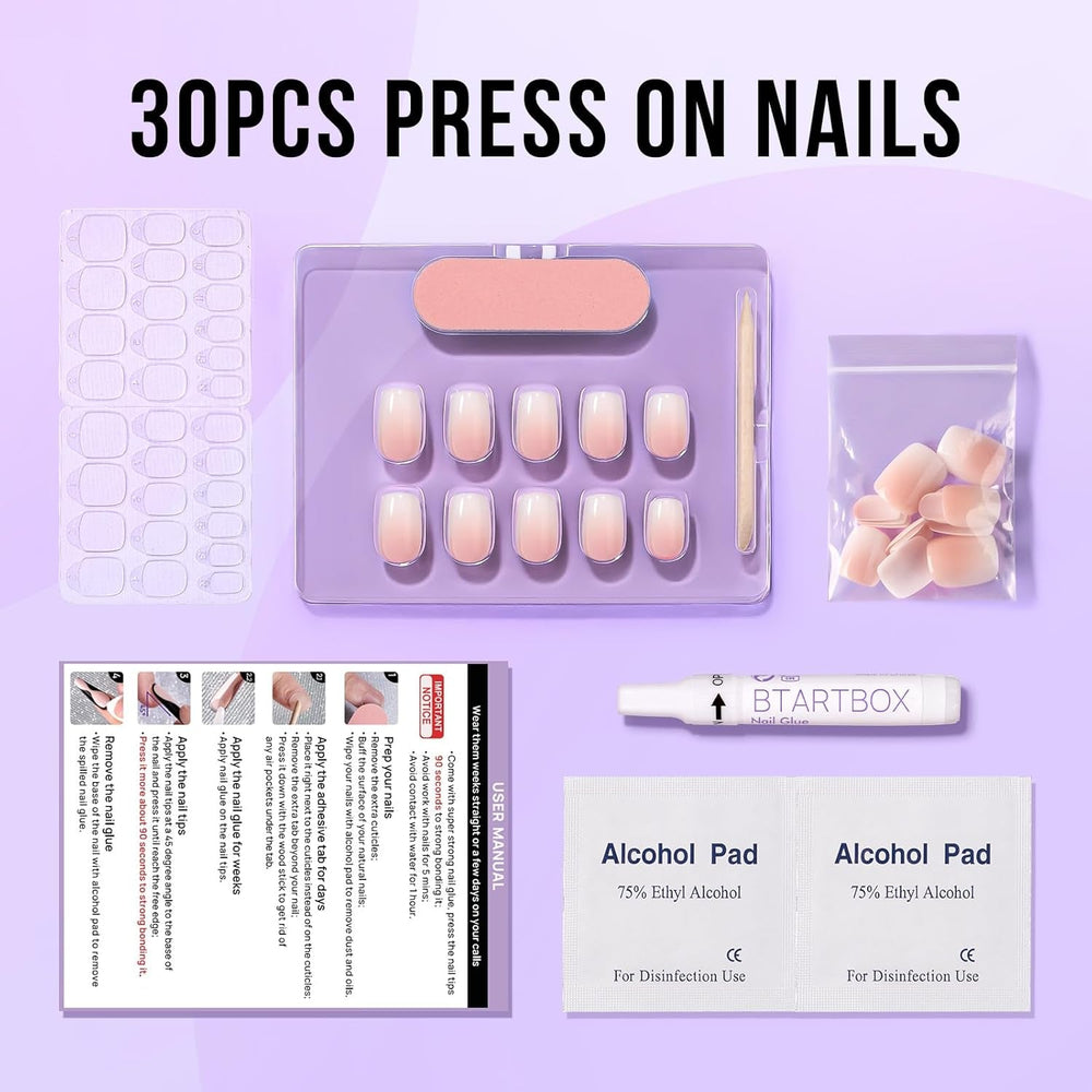 Btartbox Faux Ongles Carrés Courts Baby Boomer Colle Sur Blanc Dégradé Rose Faux Ongles Ongles Artificiels Courts avec Colle À Ongles 30 Pièces Faux Ongles Carrés