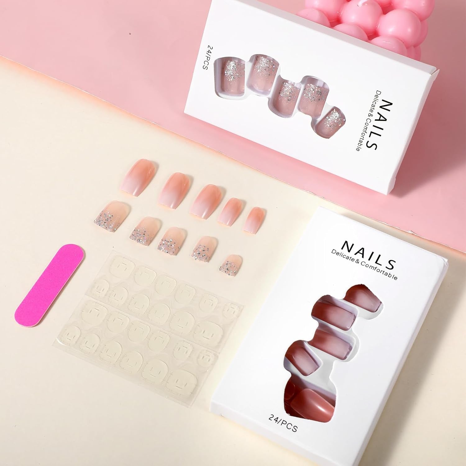 48 pièces colle courte sur les ongles 2 Styles ongles français courts carrés avec colle à ongles et lime à ongles rose blanc Ombre faux ongles pour les femmes