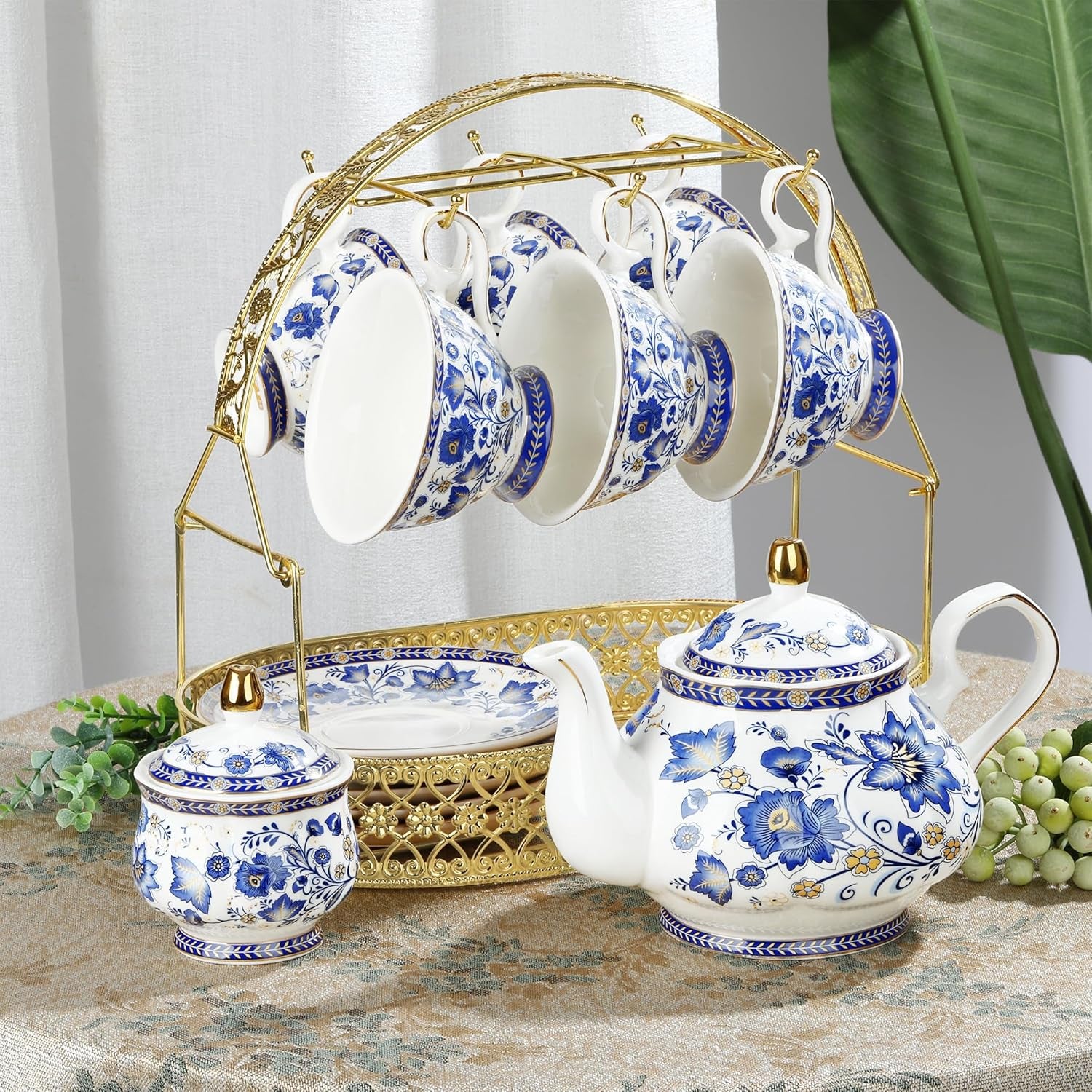 Fanquare – service à thé en porcelaine à fleurs bleues, avec support en métal, tasse à café et soucoupe en porcelaine Vintage, service à café anglais pour adultes