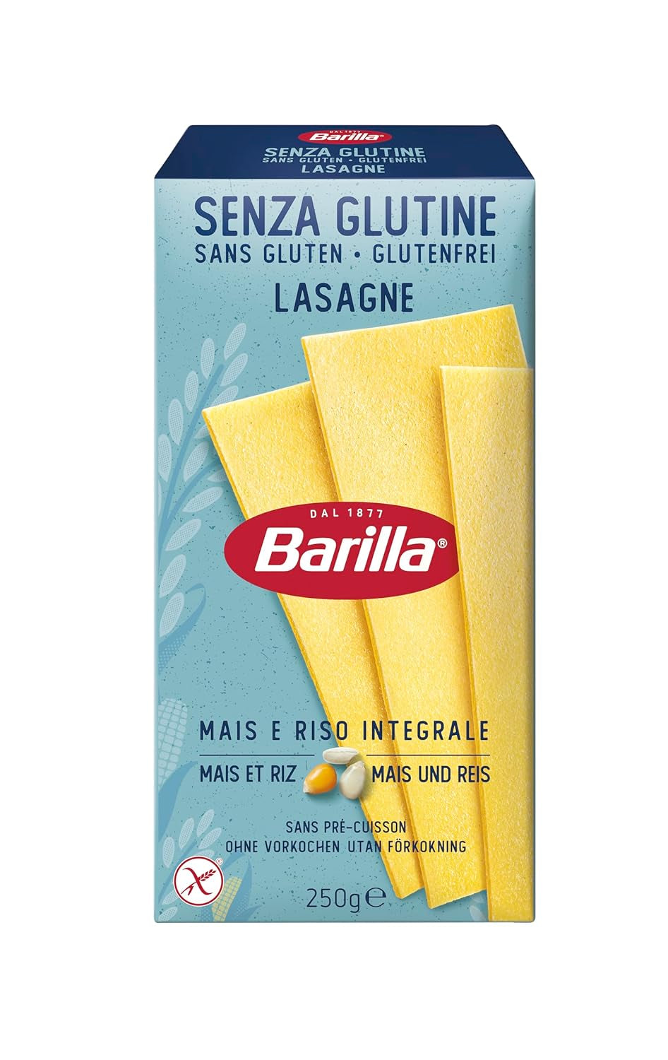 Lasagnes sans gluten Barilla Pasta, à base de délicieux maïs et riz, parfaites pour les personnes atteintes de la maladie coeliaque ou d'intolérance au gluten, paquet de 10 (10 x 250g)