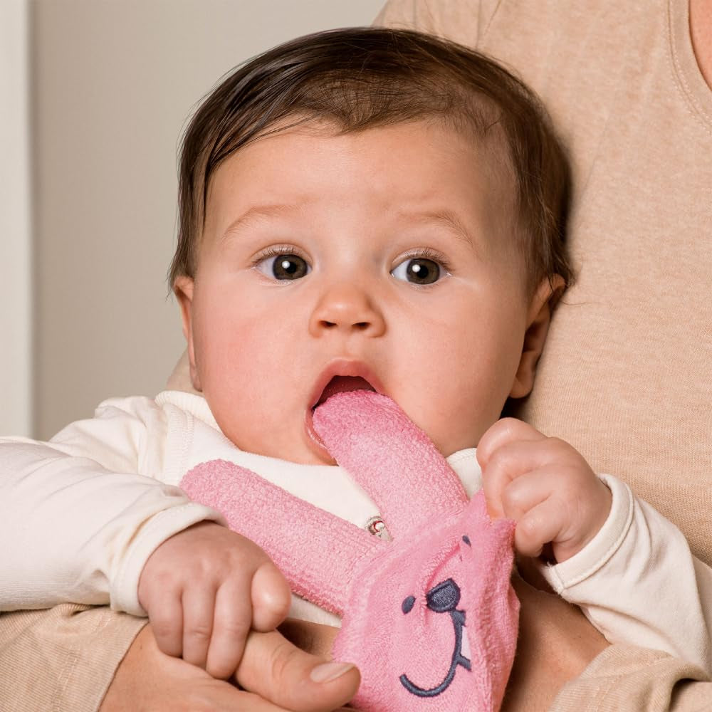 MAM Rabbit Anneau de dentition, gant de soins bucco-dentaires en microfibre, 0 mois et plus, rose