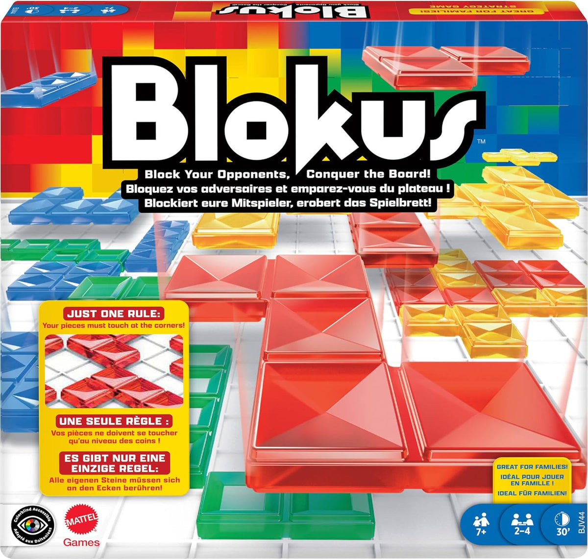 Mattel Games Blokus Game, jeu de société familial, jeu de stratégie, 2-4 joueurs, jeu de fête, à partir de 7 ans, BJV44