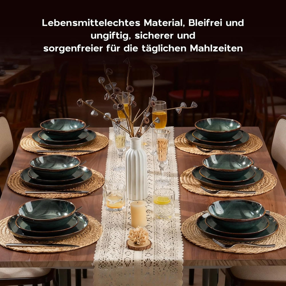 Service de table pour 6 personnes, 24 pièces en carreaux de céramique, service de table rond irrégulier avec assiettes, assiettes à dessert, bols à céréales, passe au micro-ondes et au lave-vaisselle, vert toundra réactif