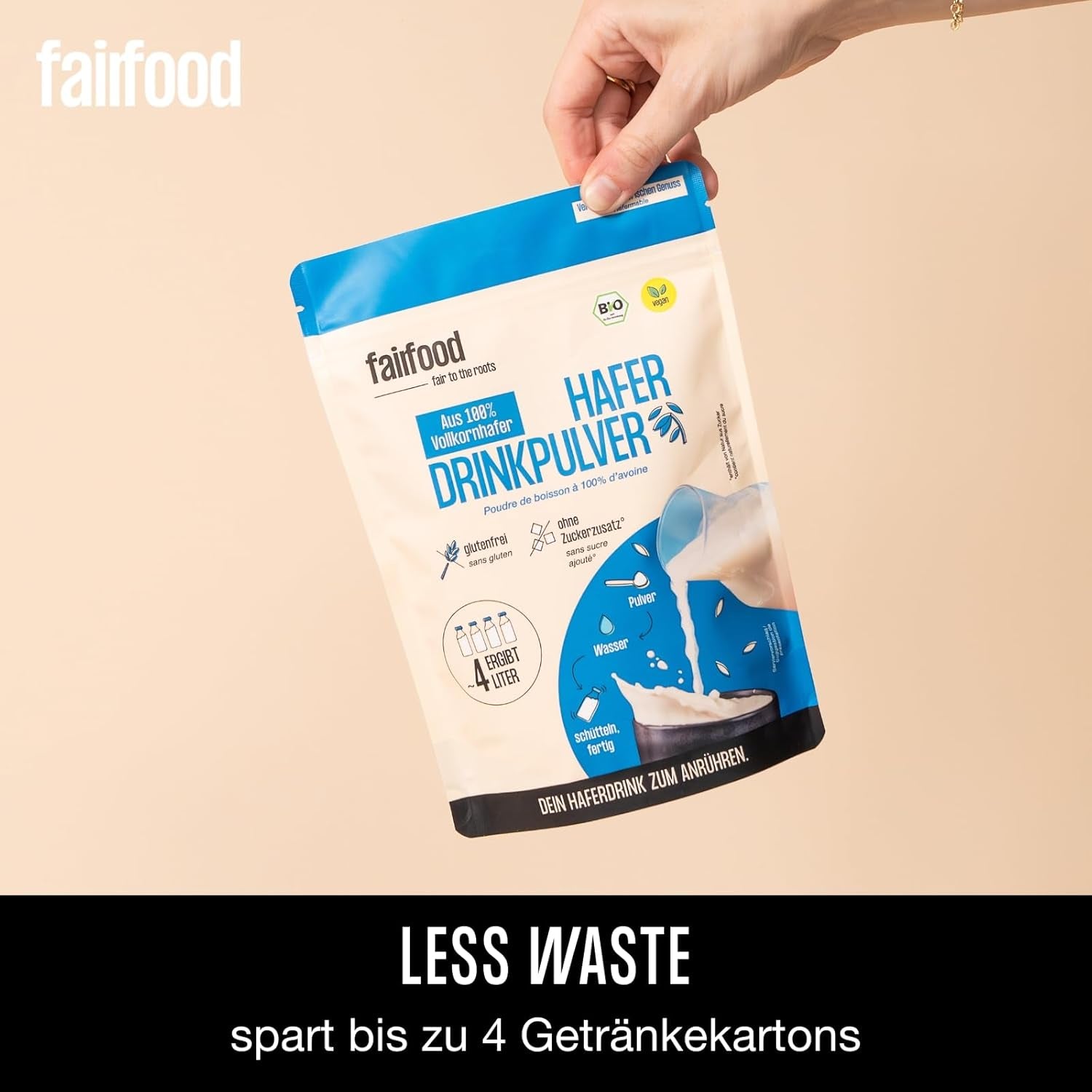 fairfood Bio Haferdrink Pulver 360g - nachhaltige Milchalternative - végétalien, sans gluten et sans huile - jusqu'à 4L Haferdrink - zum Selbermischen - 100% Bio-Vollkornhafer