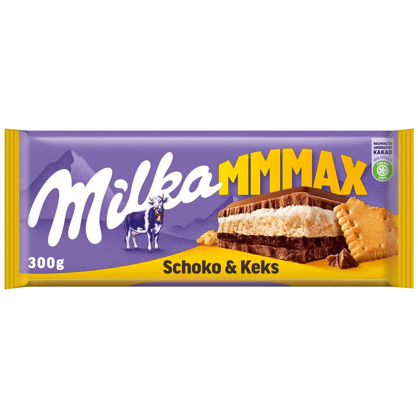 Milka Mmax Chocolat et Biscuits – Chocolat au lait alpin fourré à la crème de lait et morceaux de biscuits croustillants – 300g