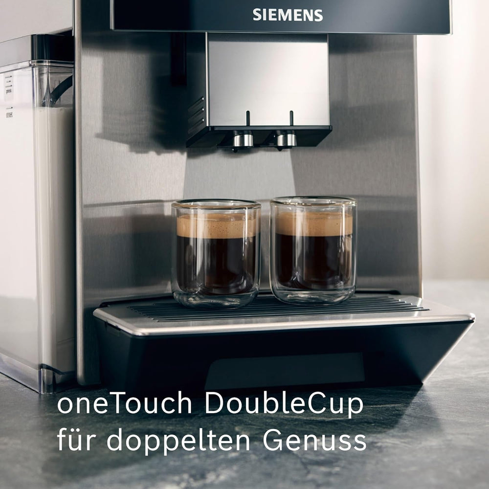 SIEMENS EQ900 TQ905D03 machine à expresso entièrement automatique, contrôle par application, écran tactile complet, mode barista, réduction du bruit, jusqu'à 10 profils, broyeur premium, nettoyage vapeur automatique, 1500 W, acier inoxydable