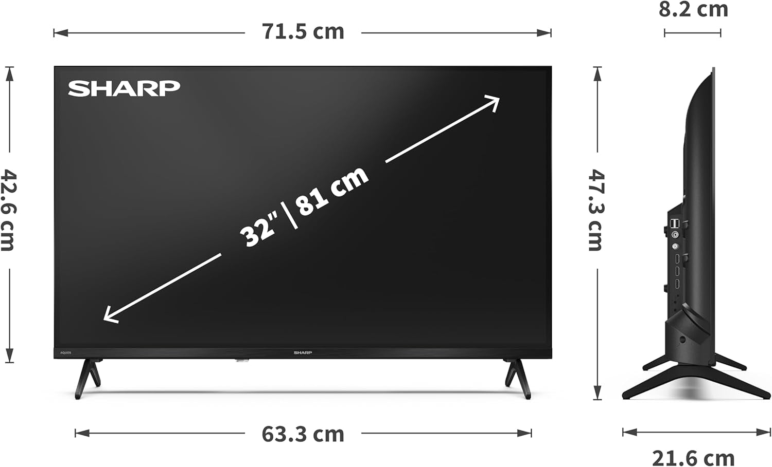 SHARP 32HE2345E – Televizor TiVo, 32" HD, fără ramă, 60 Hz, HDR10, sunet 2x8 W, 3x HDMI, 2x USB, culoare: negru
