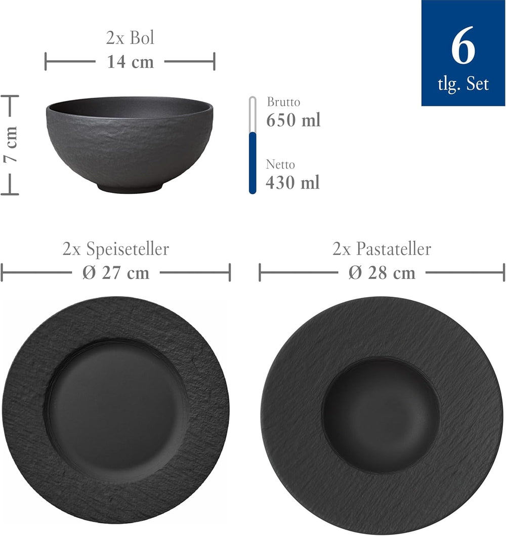 Villeroy & Boch – Manufacture Rock Starter-Set 6 Teilig Schwarz, Spülmaschinenfest, Mikrowellensicher, Geschirr Set Schwarz Matt, Tafelservice, Essgeschirr, Premium Porzellan Vaisselle Naty Shop