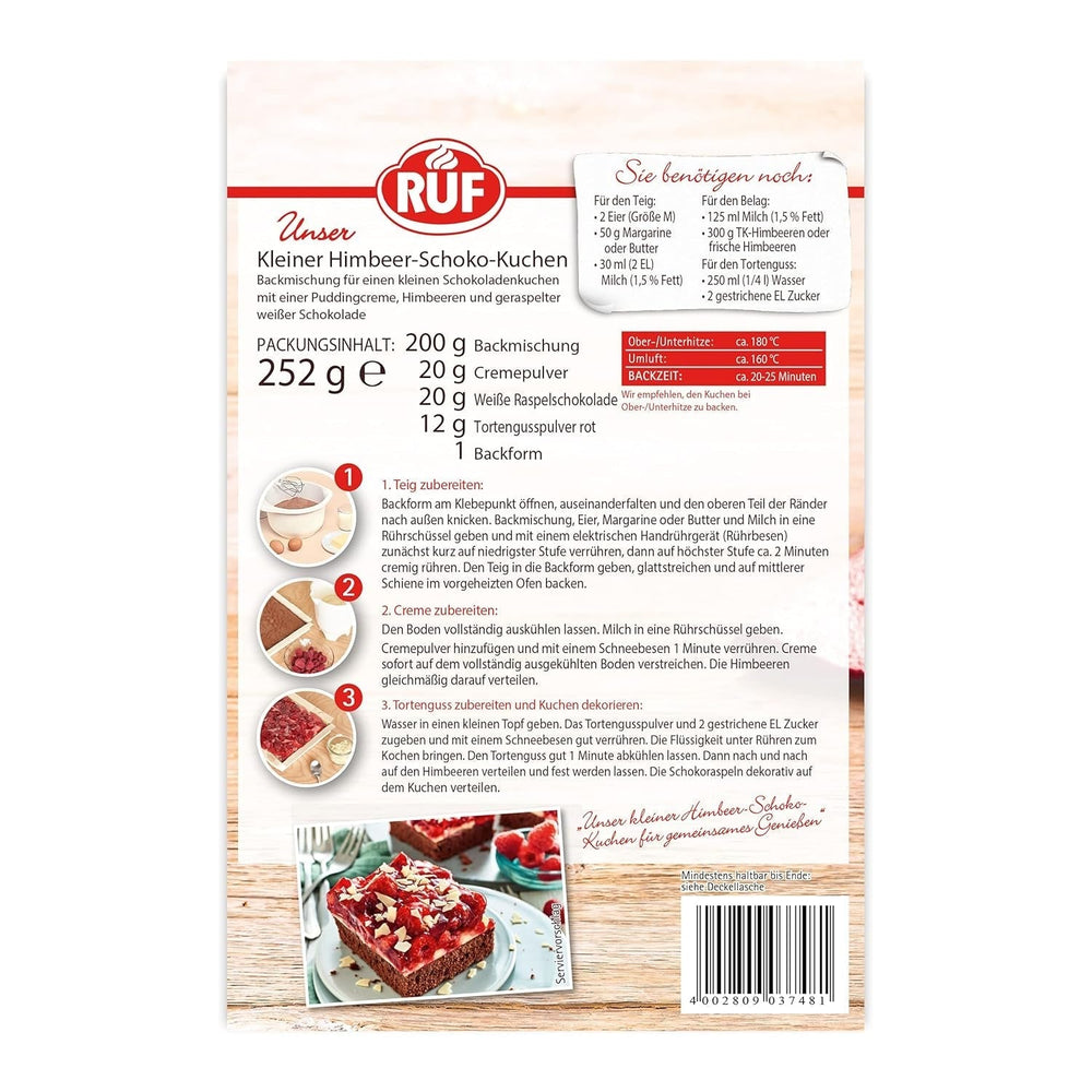 RUF Kleiner Himbeer-Schokokuchen, Mini-Kuchen Mit Feiner Puddingcreme, Himbeeren Und Weißen Schokoraspeln, Inkl. Forme arrière, 1X252G Mélange pour pâtisserie et cuisine Naty Shop