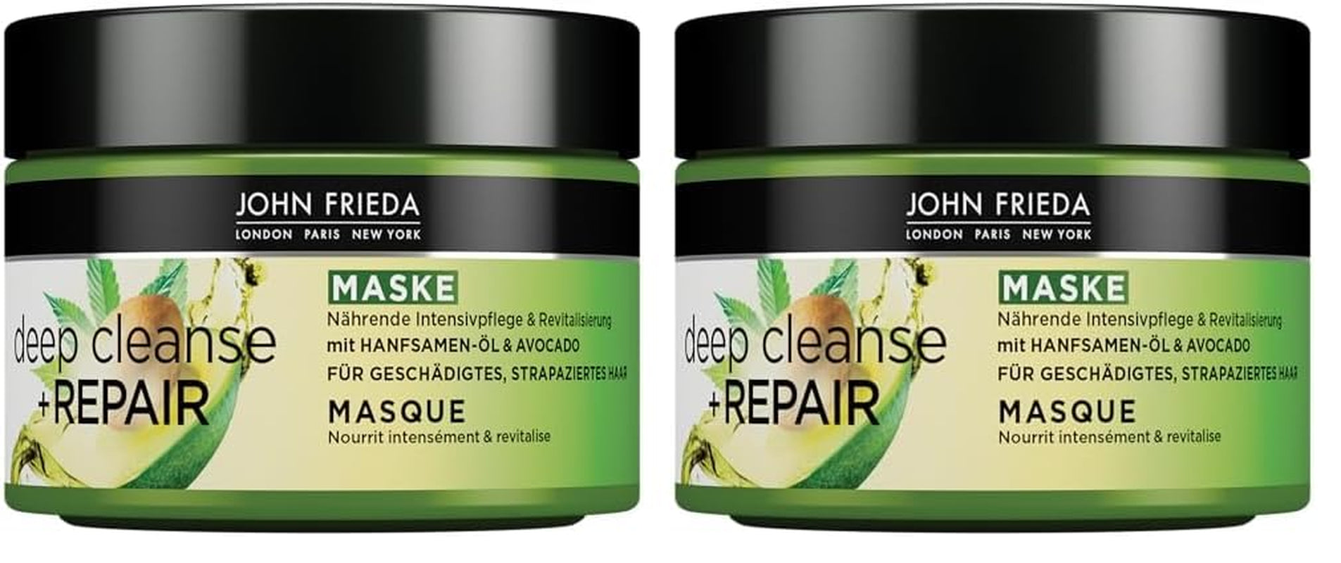 John Frieda - Masque / Traitement Deep Cleanse & Repair - Contenu : 250 ml - Avec huile de graines de chanvre + avocat nourrissant - Masque capillaire apaisant pour cheveux abîmés Masque capillaire Naty Shop 250 ml (pack de 2)