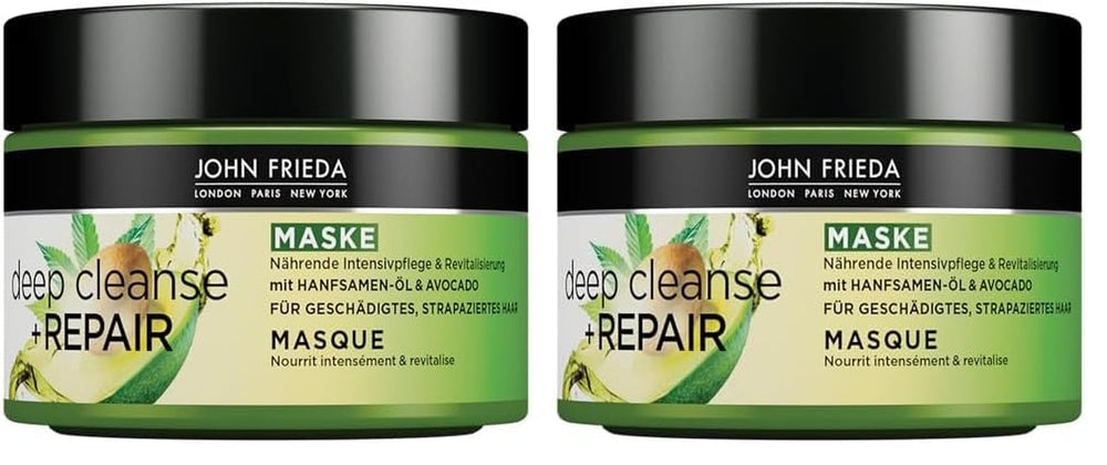 John Frieda - Masque / Traitement Deep Cleanse & Repair - Contenu : 250 ml - Avec huile de graines de chanvre + avocat nourrissant - Masque capillaire apaisant pour cheveux abîmés Masque capillaire Naty Shop 250 ml (pack de 2)