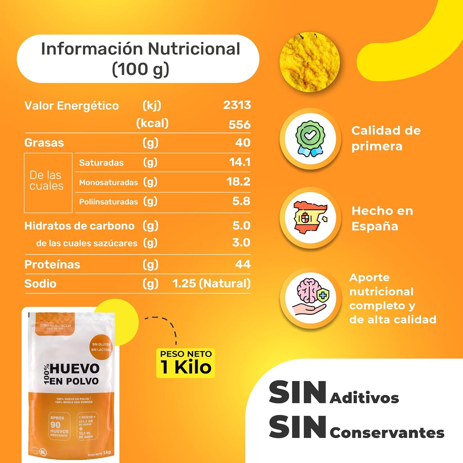 Pulvérisation au Freilandeiern (1kg) | Pulvérisateur pasteurisé Vollei | Ohne Zusatztoffe | Sans gluten et sans lactose | Emballage sous vide dans un magasin Zip
