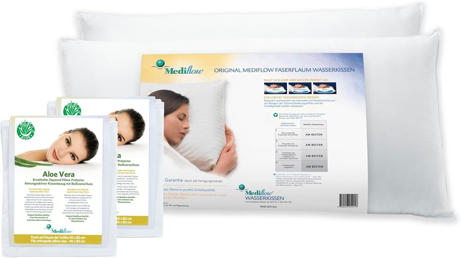 Oreiller de soutien orthopédique Mediflow 5222, 2 oreillers à eau avec housse à l'aloe vera, 40 x 80 cm, blanc Naty Shop Oreillers standard Titre par défaut